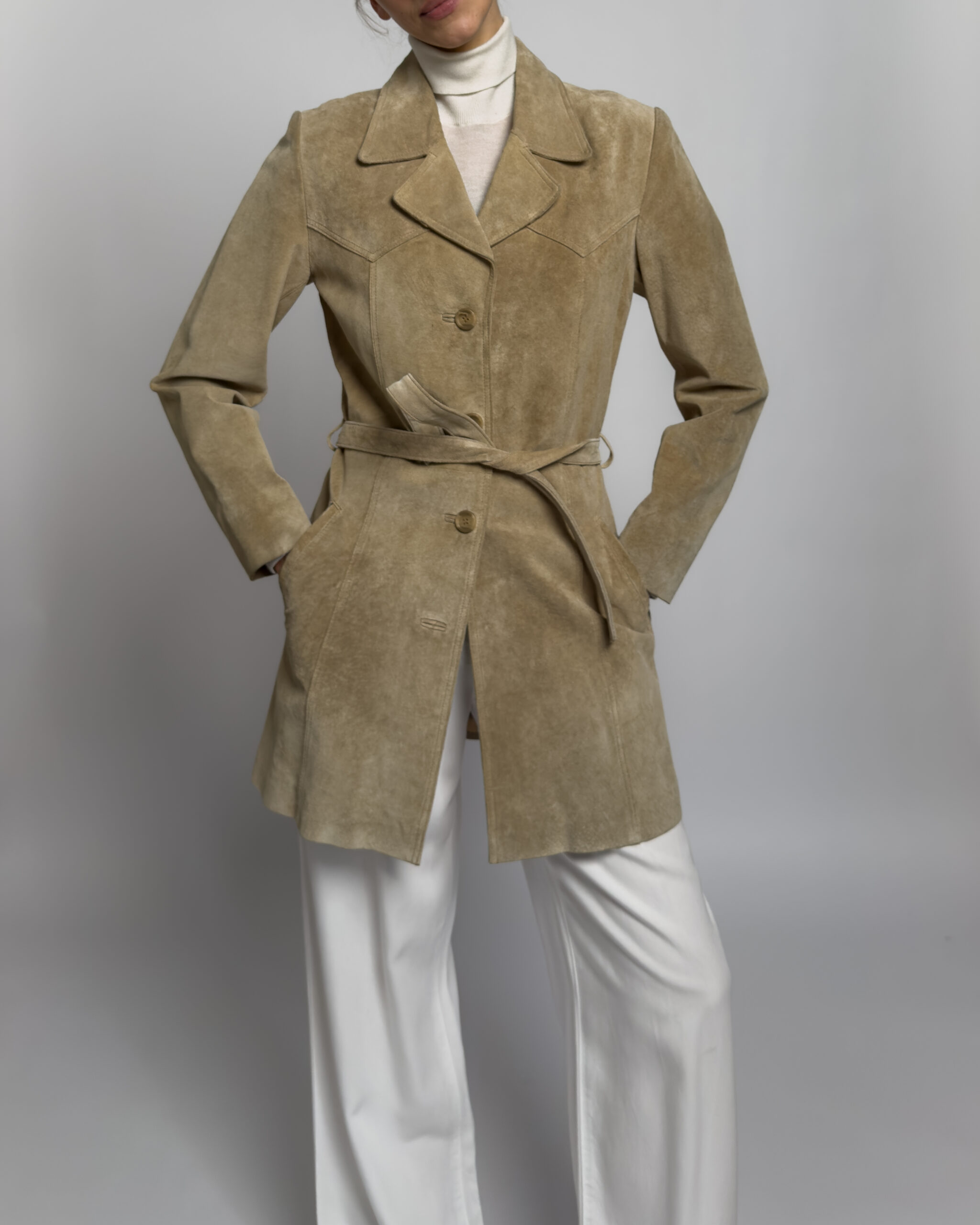 Saki Suede Leather Coat | Light Beige