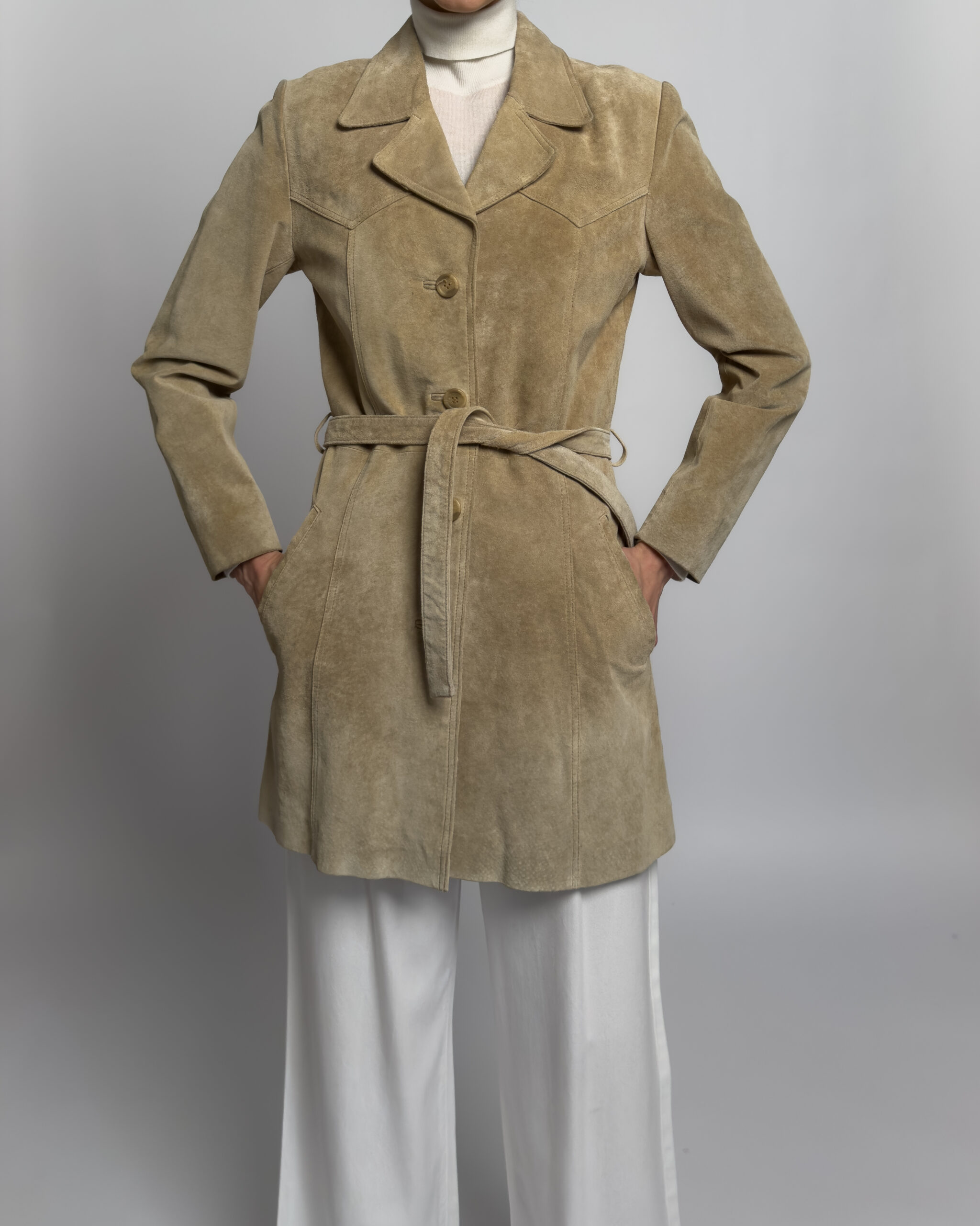 Saki Suede Leather Coat | Light Beige