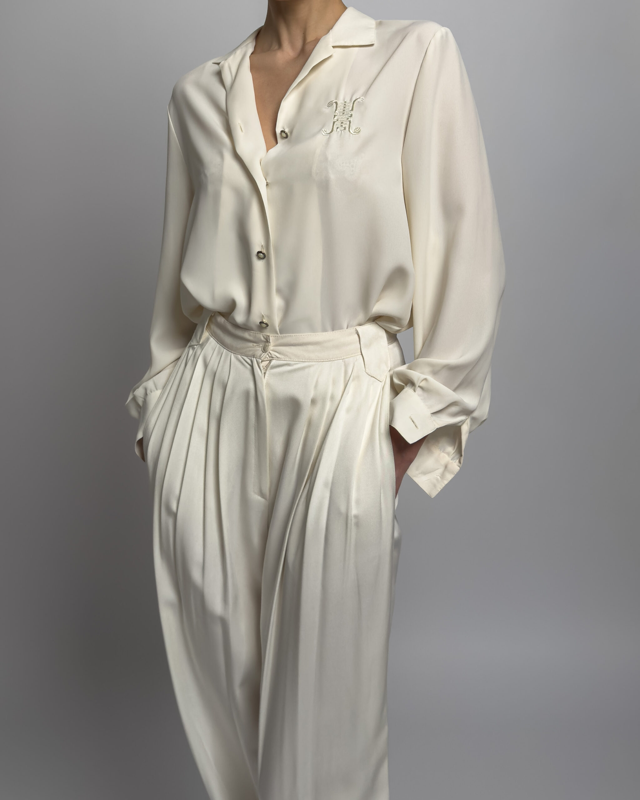 Long Sleeve Silky Blouse | Cream White