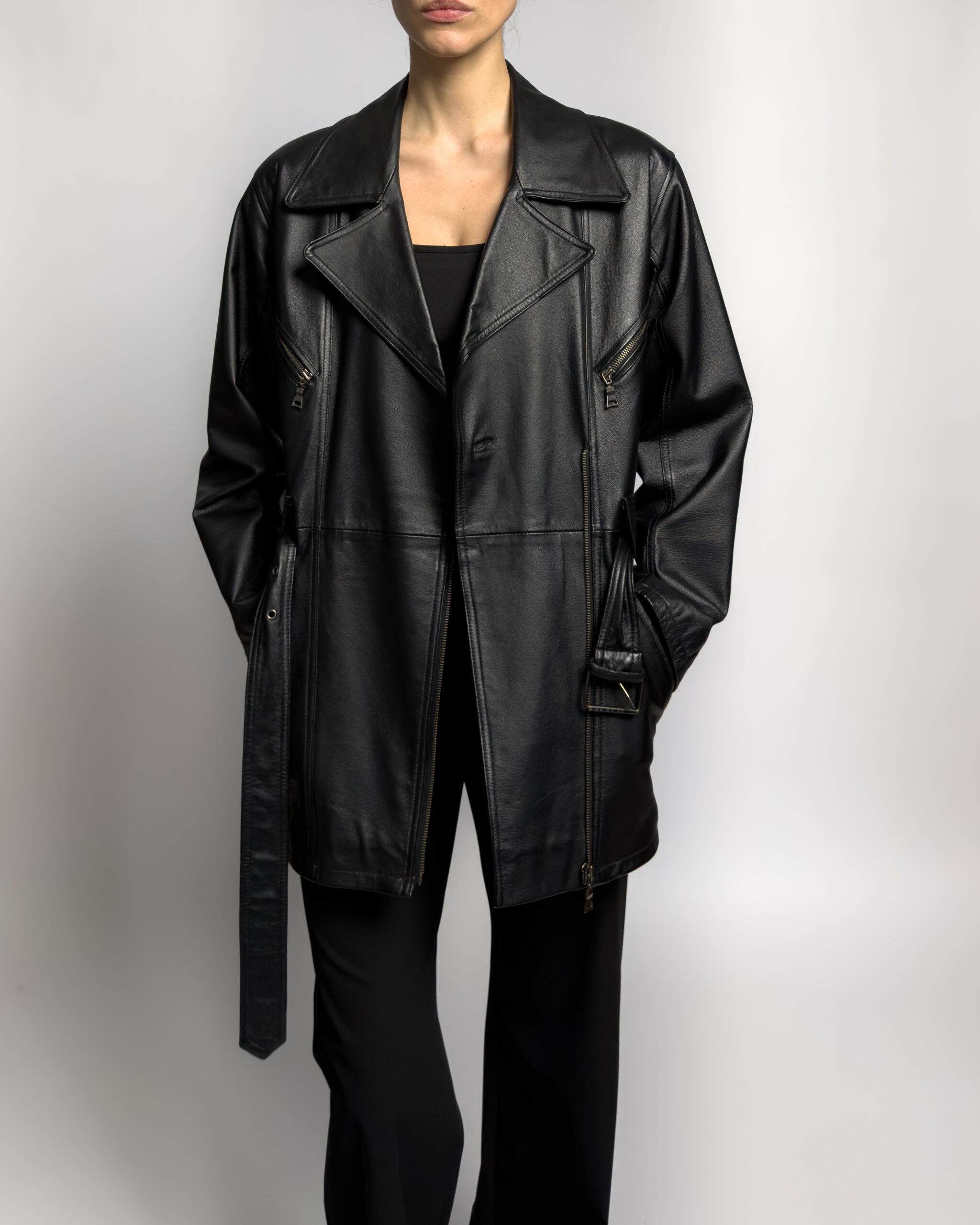 Vintage Leather Belted Jacket | Black