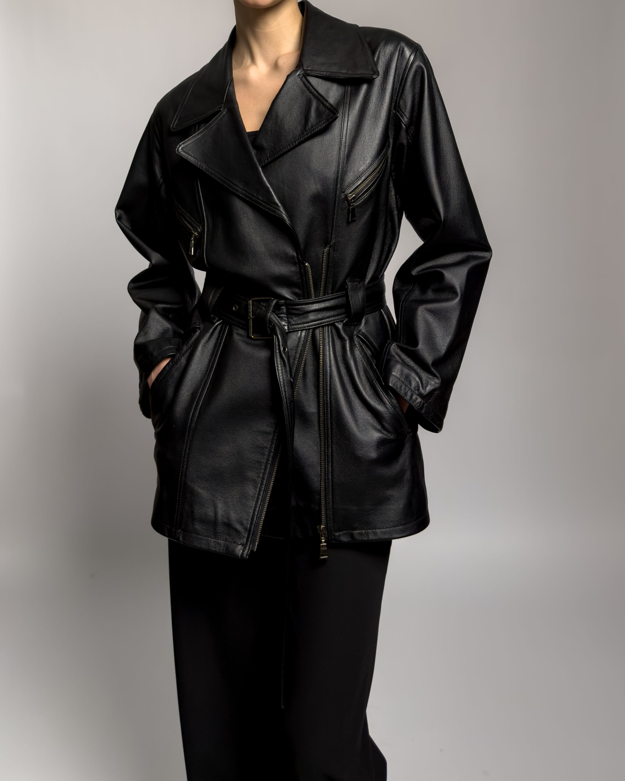 Vintage Leather Belted Jacket | Black