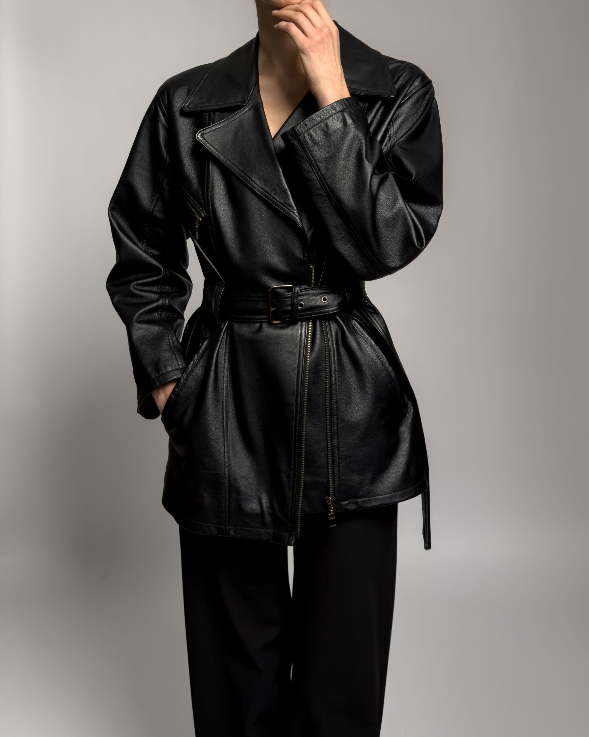 Vintage Leather Belted Jacket | Black