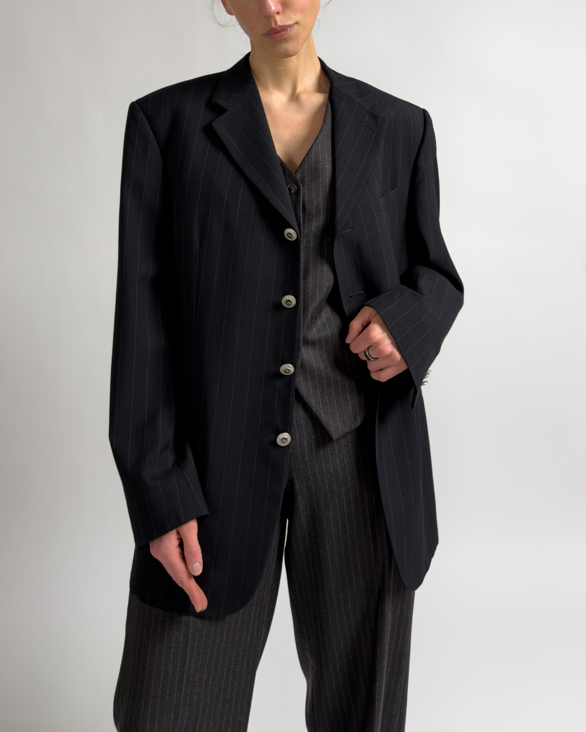 Versace Classic V2 Pinstripe Wool Blazer | Black