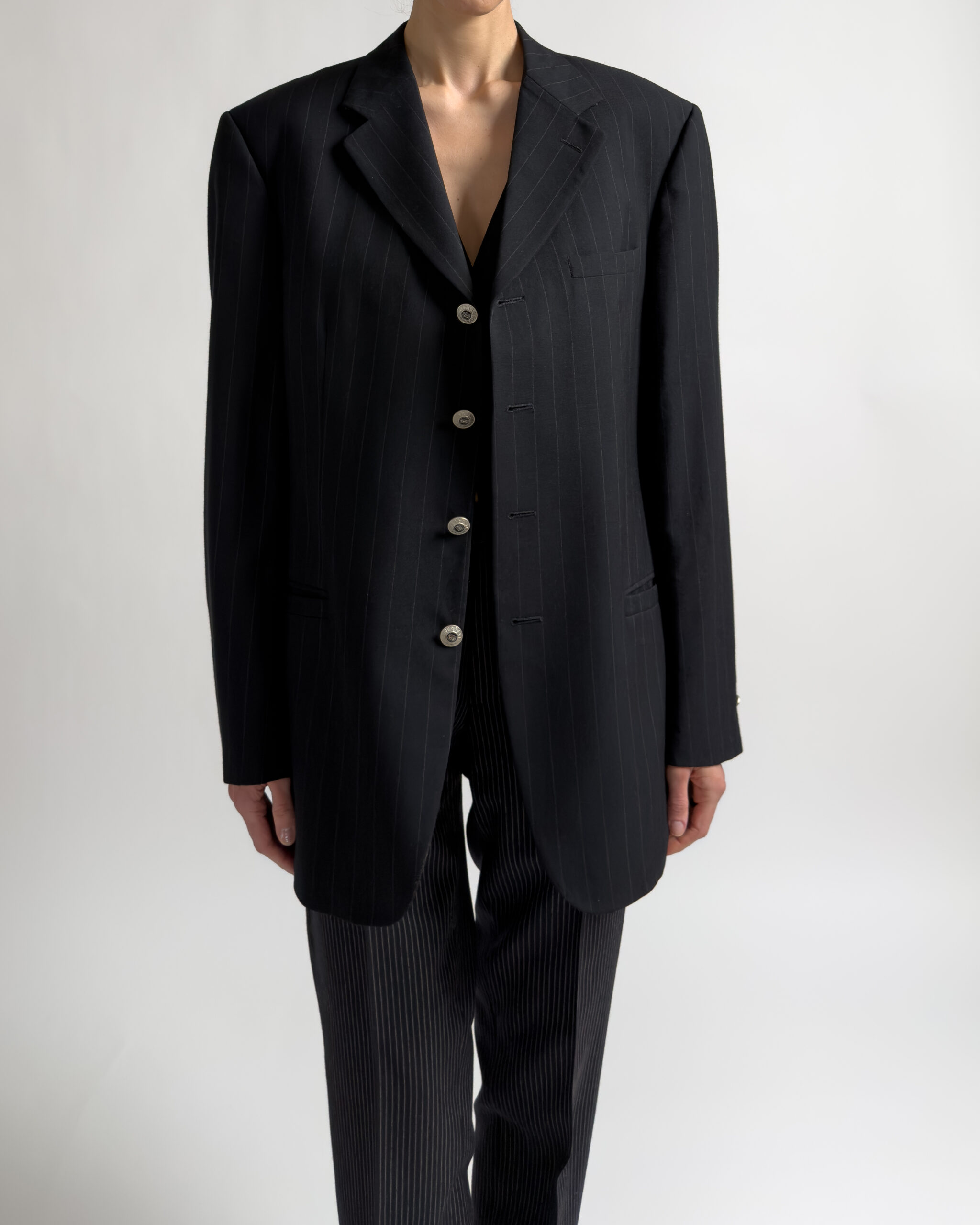 Versace Classic V2 Pinstripe Wool Blazer | Black