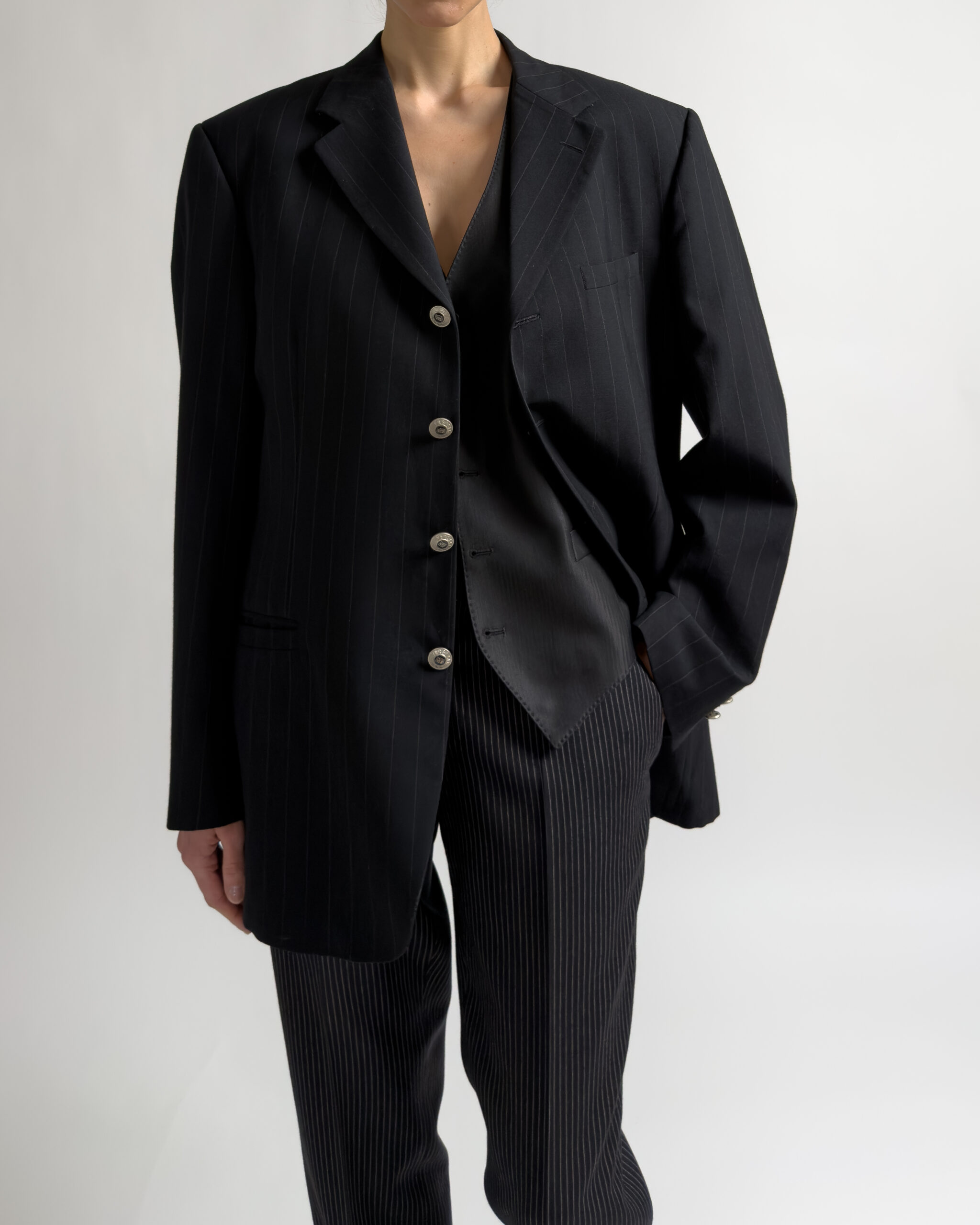 Versace Classic V2 Pinstripe Wool Blazer | Black