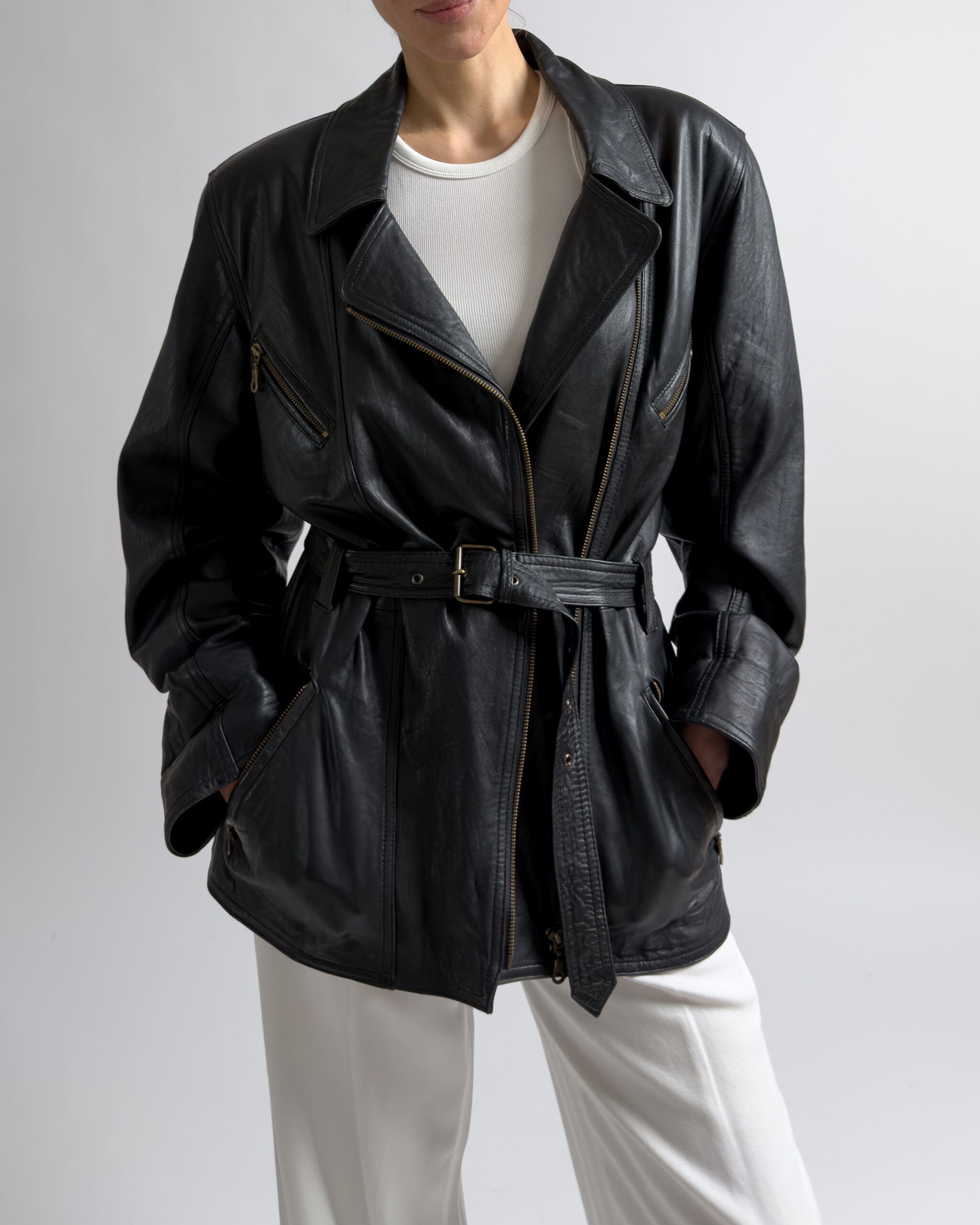 Vintage Lamb Leather Belted Jacket | Black