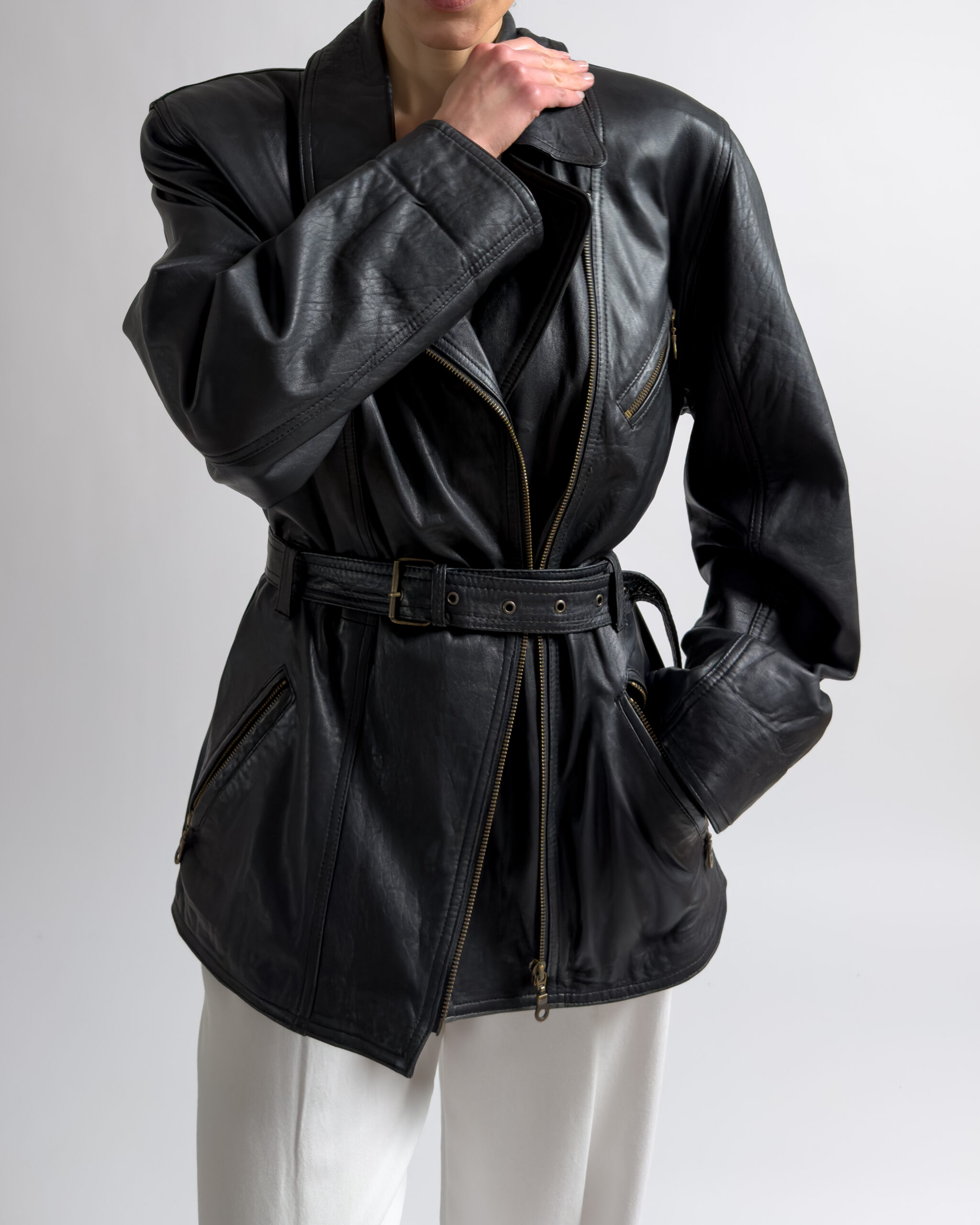 Vintage Lamb Leather Belted Jacket | Black