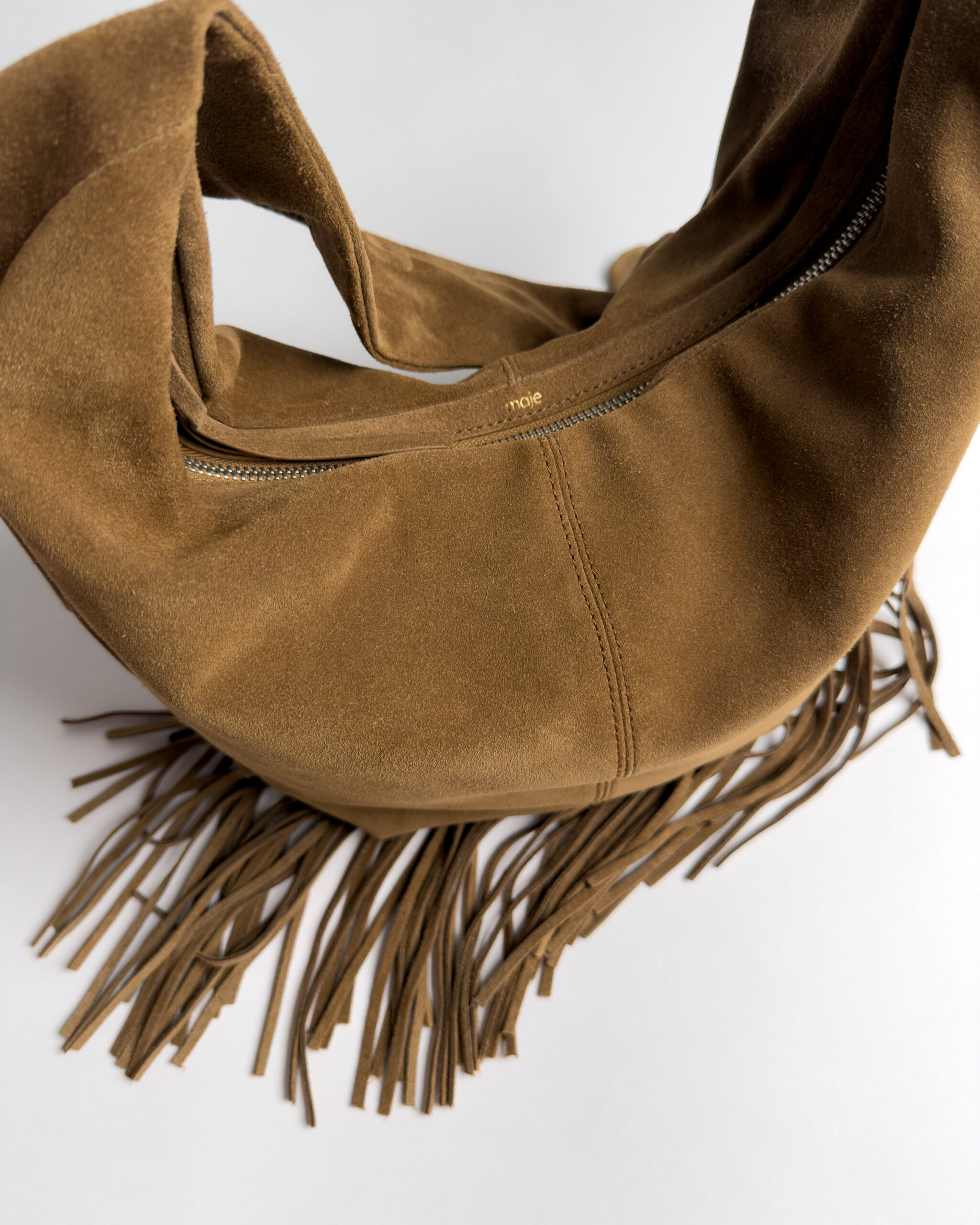 Maje Suede Fringe Hobo Bag | Tobacco Brown