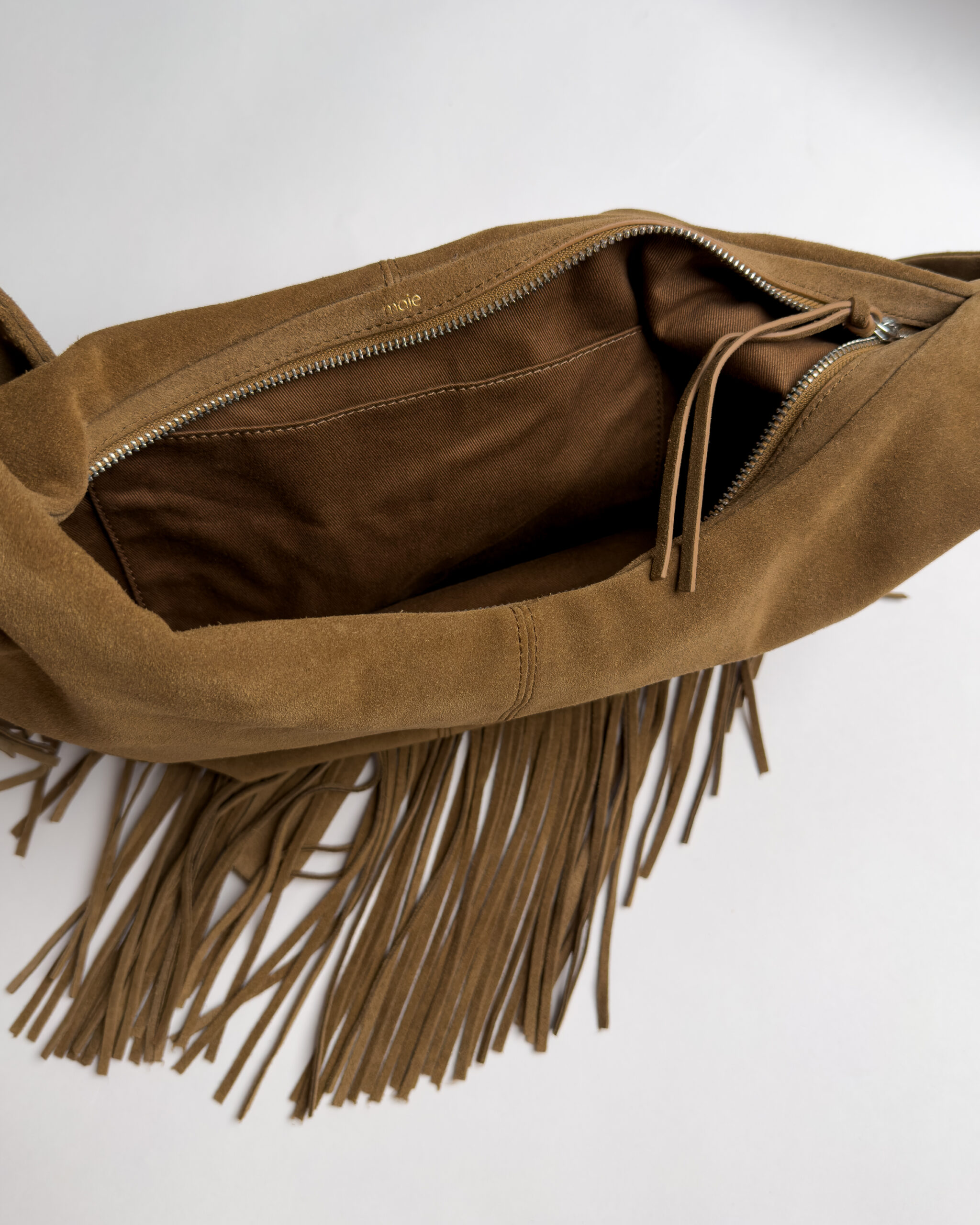 Maje Suede Fringe Hobo Bag | Tobacco Brown