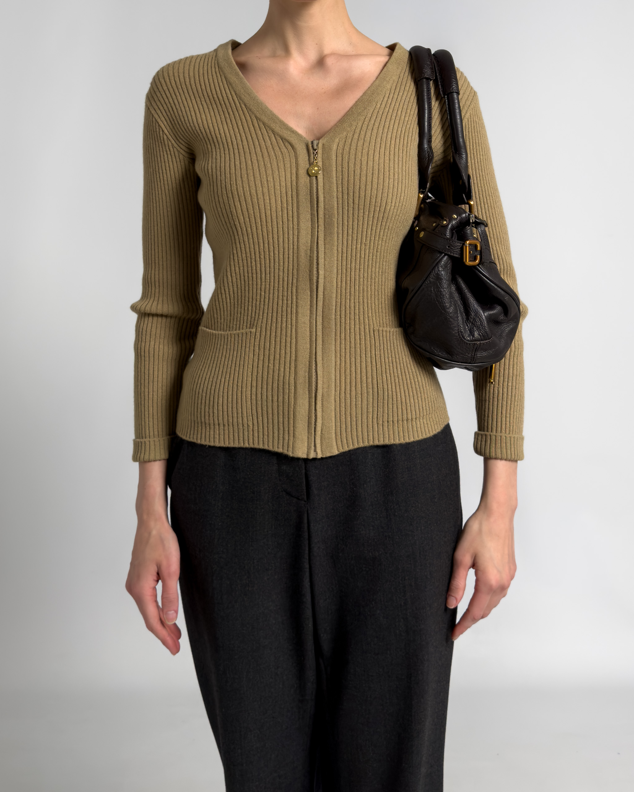 Céline Ribbed Wool Zip Cardigan | Camel