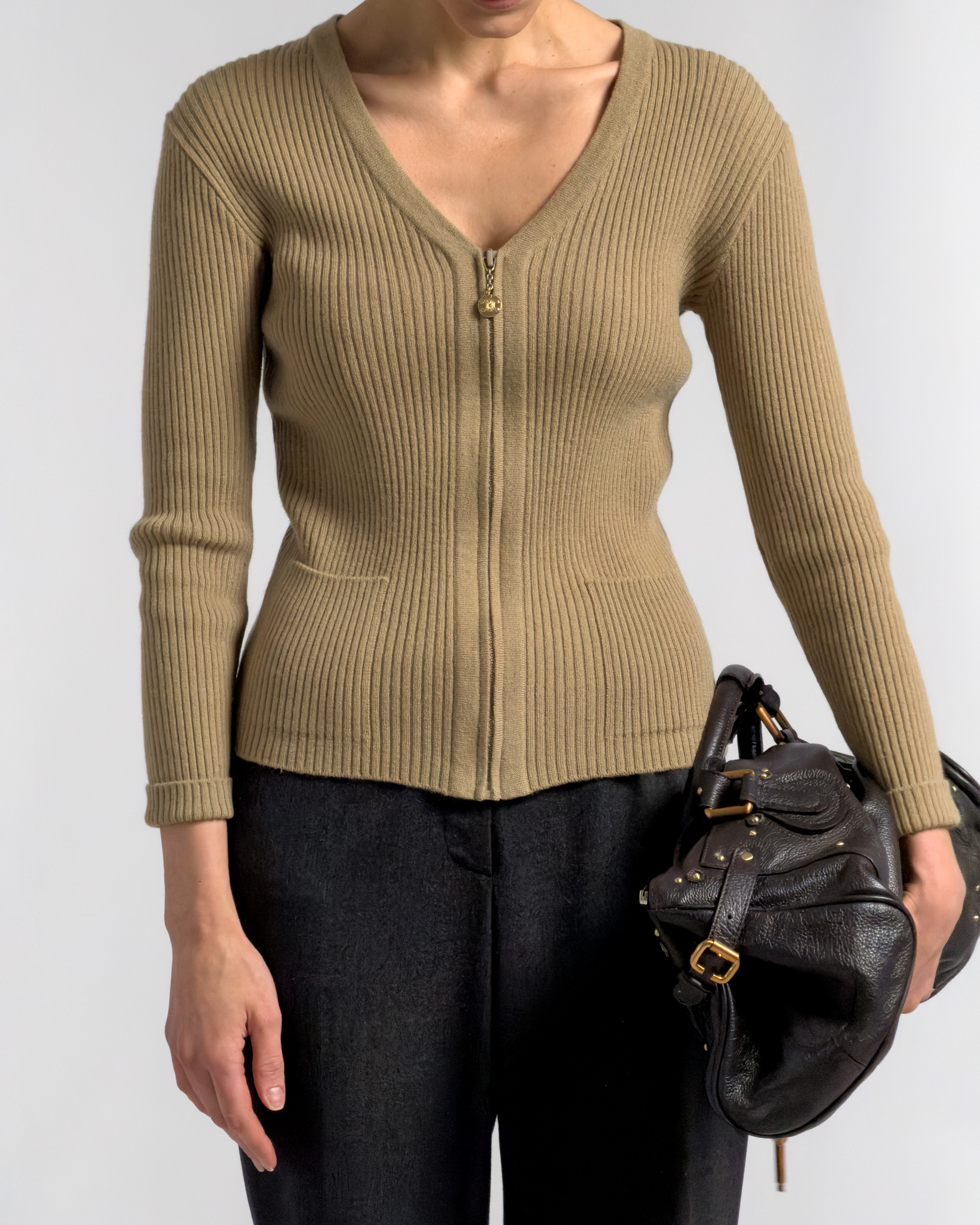 Céline Ribbed Wool Zip Cardigan | Camel