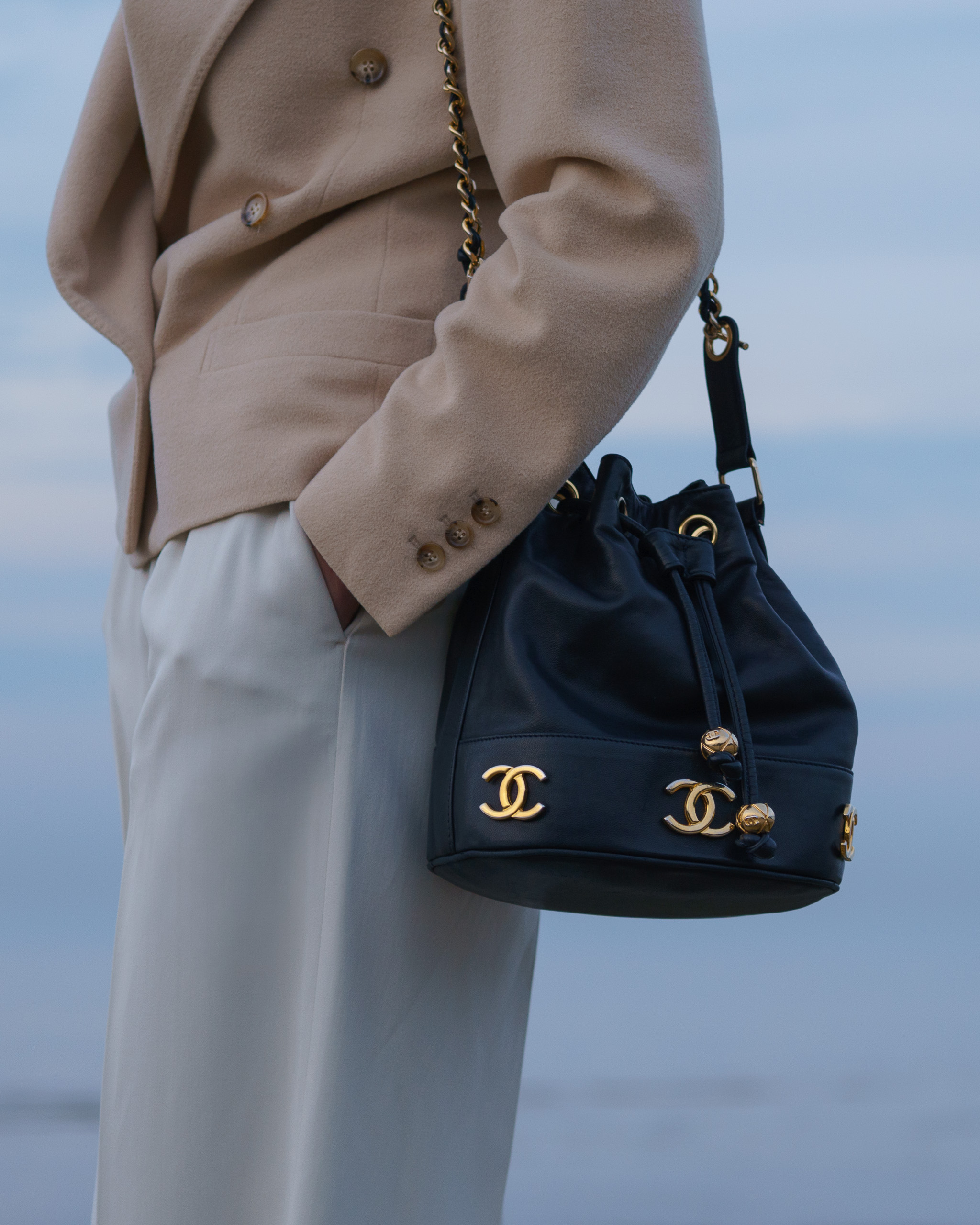 Chanel Triple CC Lambskin Drawstring Bucket Bag | Navy