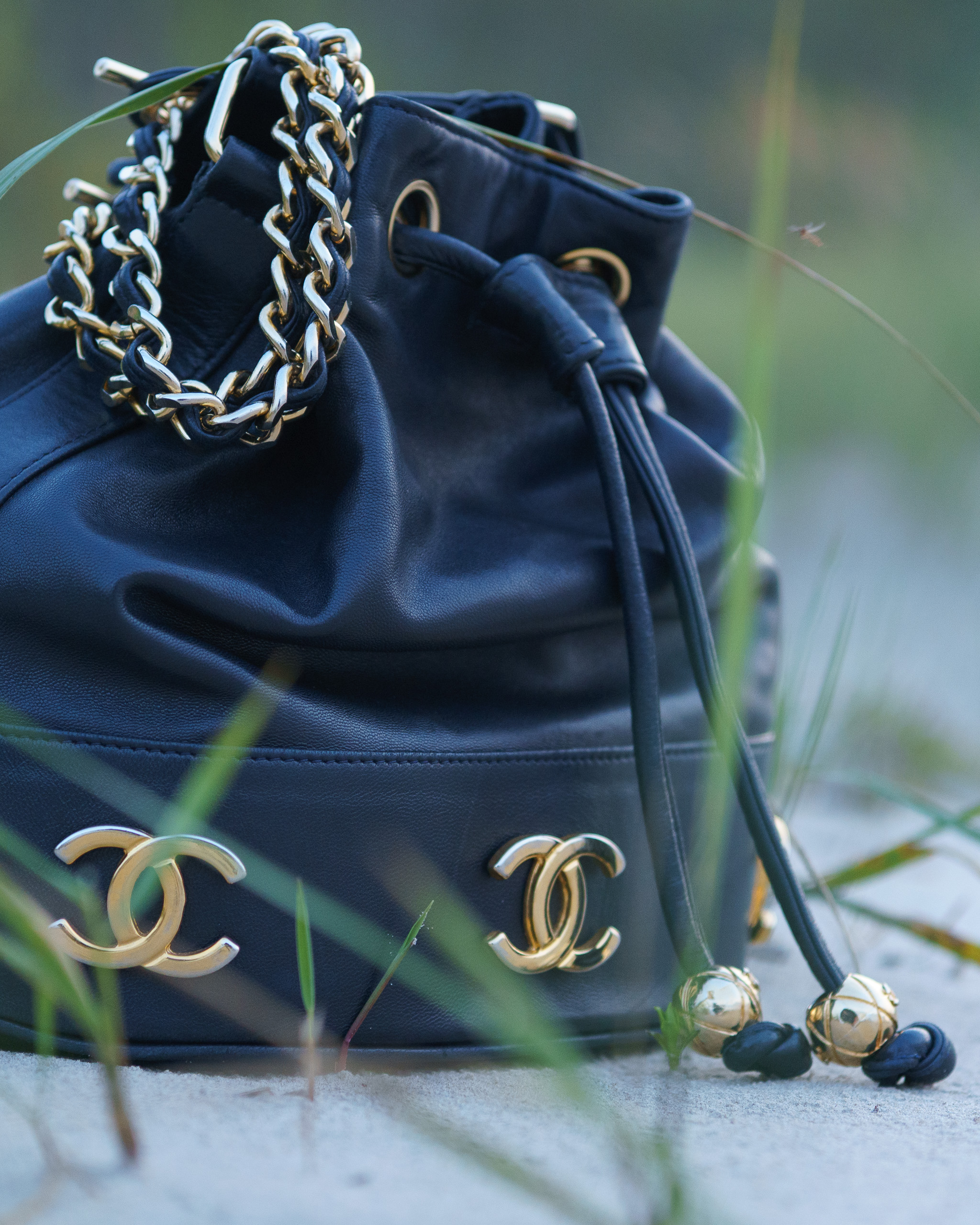 Chanel Triple CC Lambskin Drawstring Bucket Bag | Navy