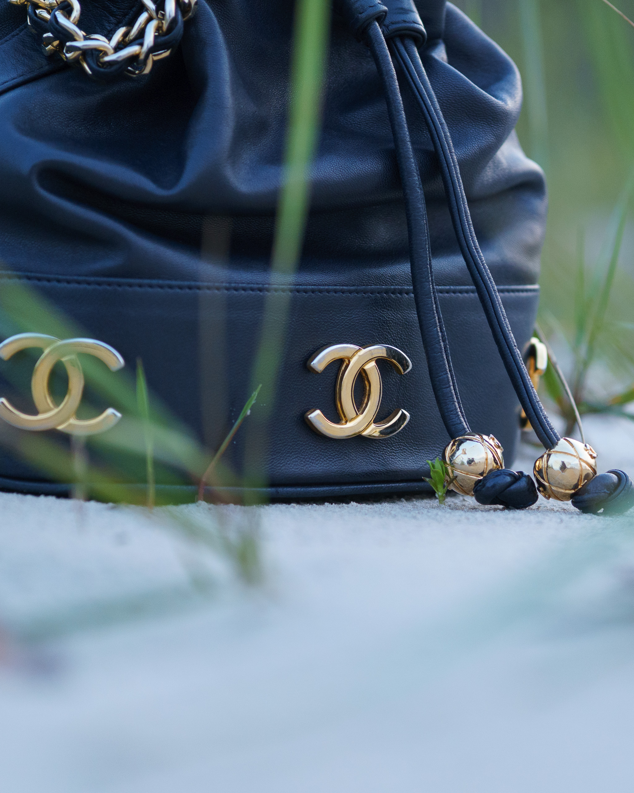 Chanel Triple CC Lambskin Drawstring Bucket Bag | Navy