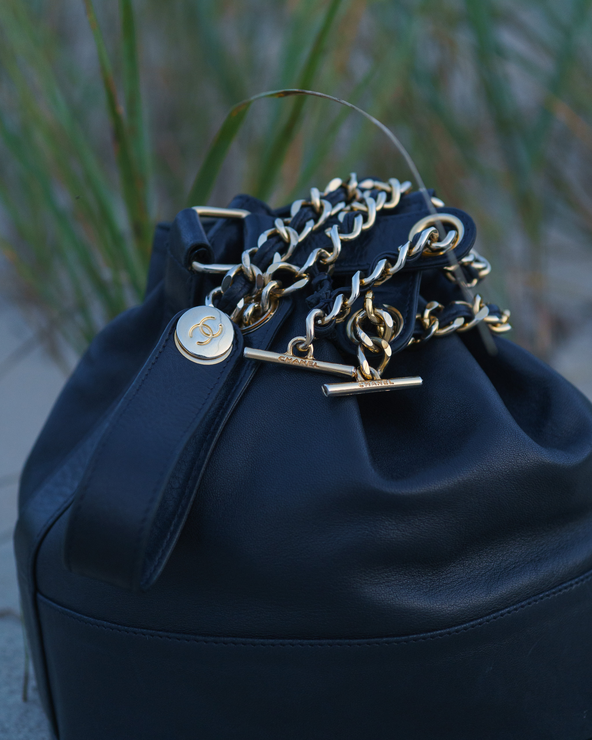 Chanel Triple CC Lambskin Drawstring Bucket Bag | Navy