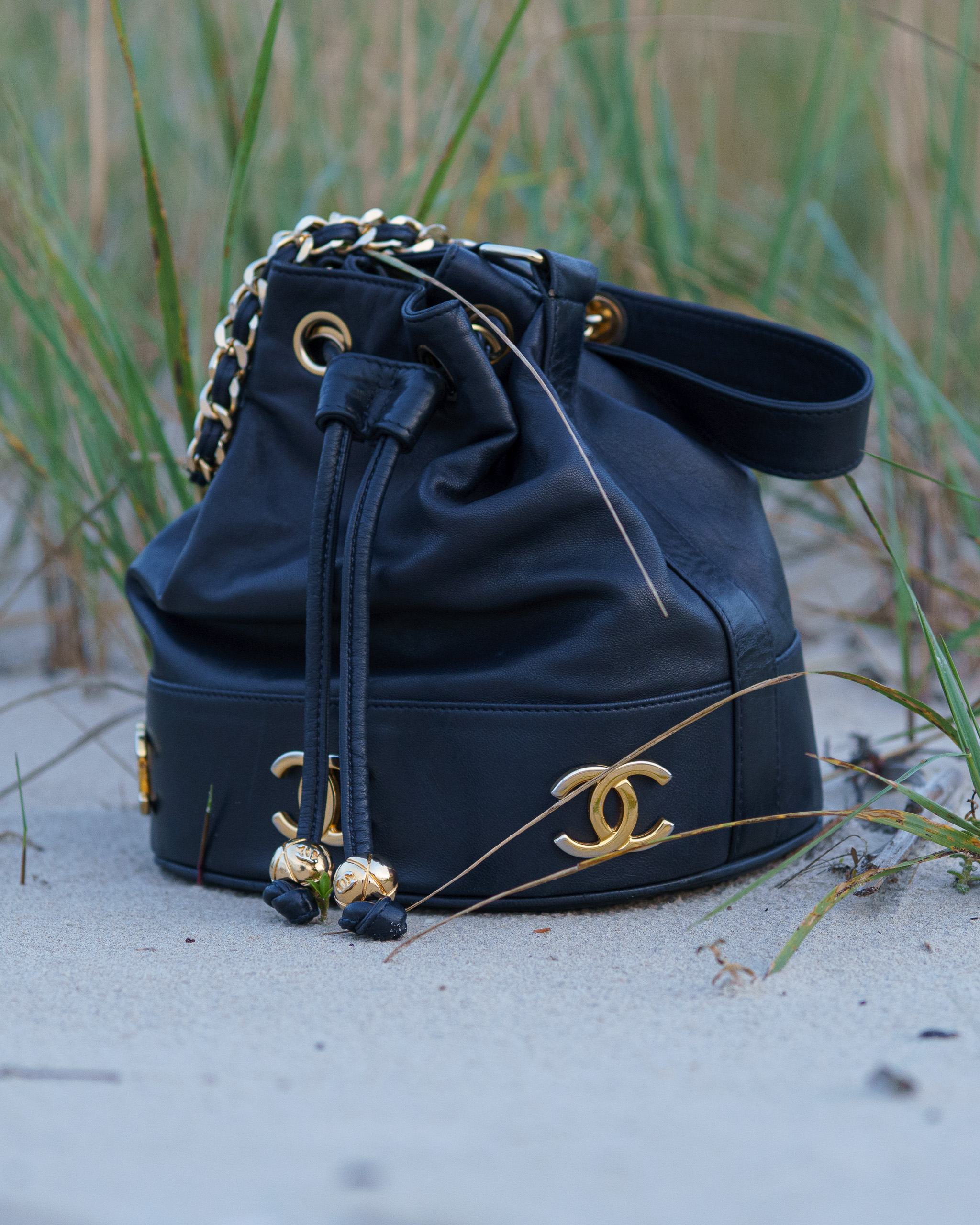 Chanel Triple CC Lambskin Drawstring Bucket Bag | Navy