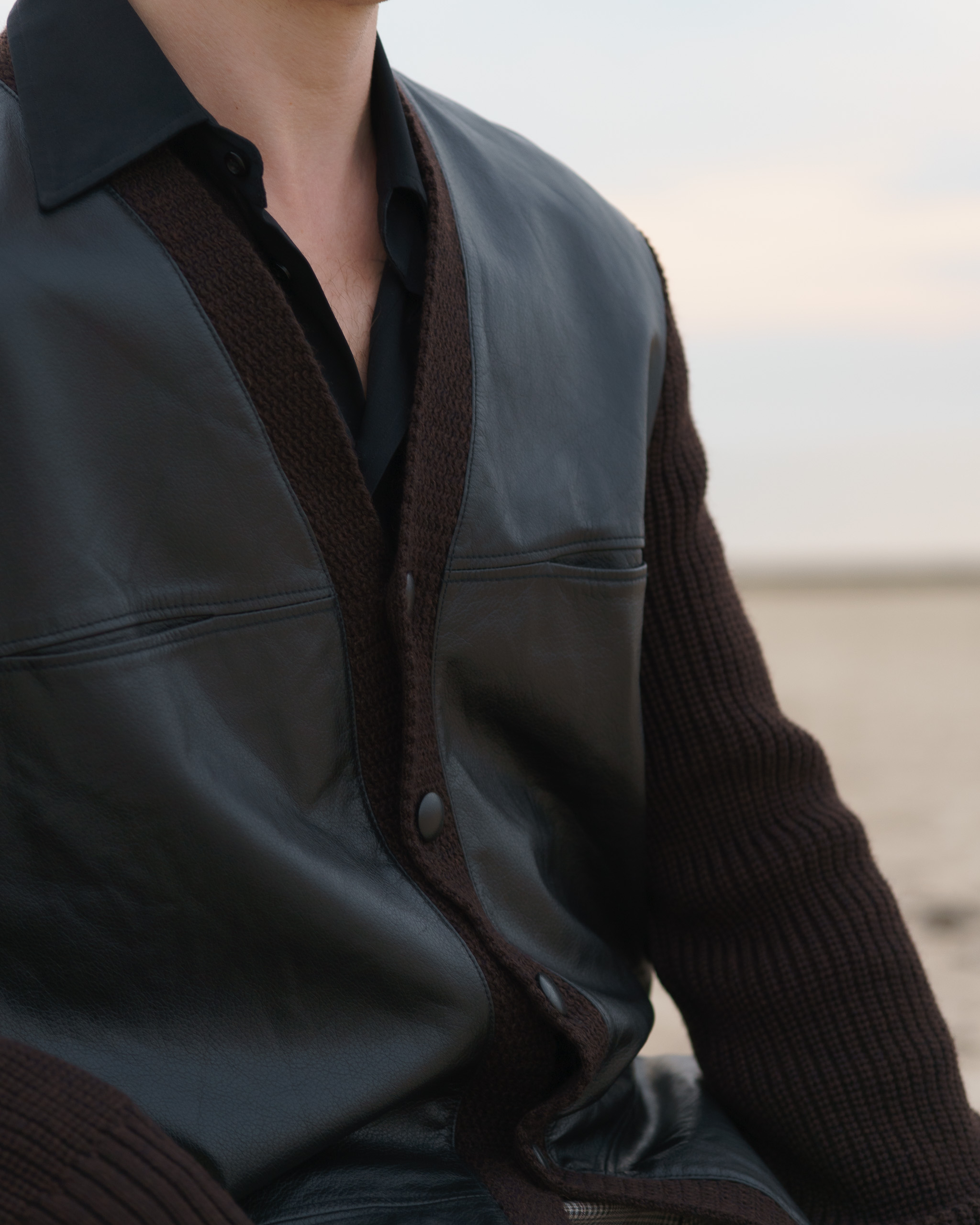 Dolce & Gabbana Leather and Wool Cardigan Jacket | Brown