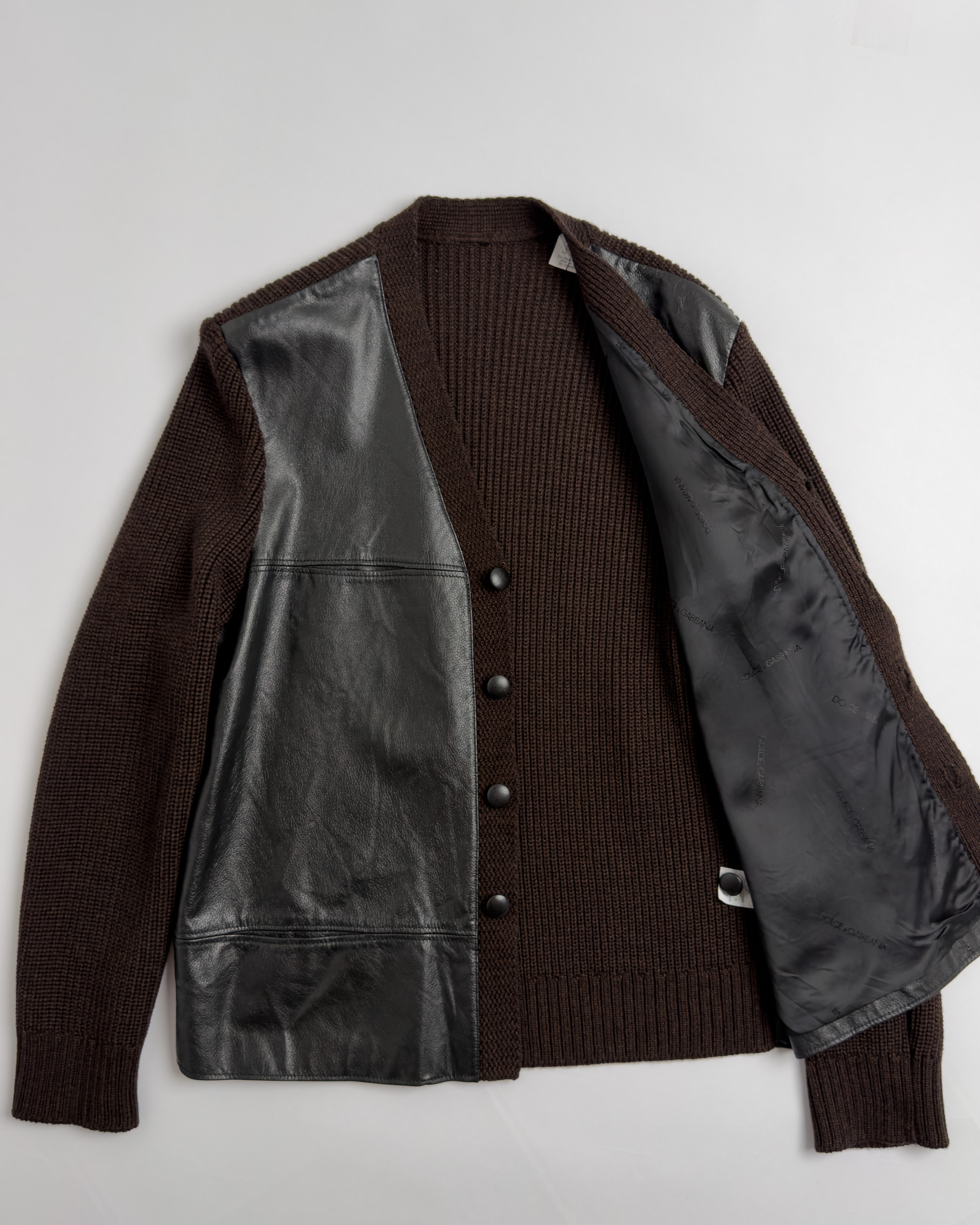 Dolce & Gabbana Leather and Wool Cardigan Jacket | Brown