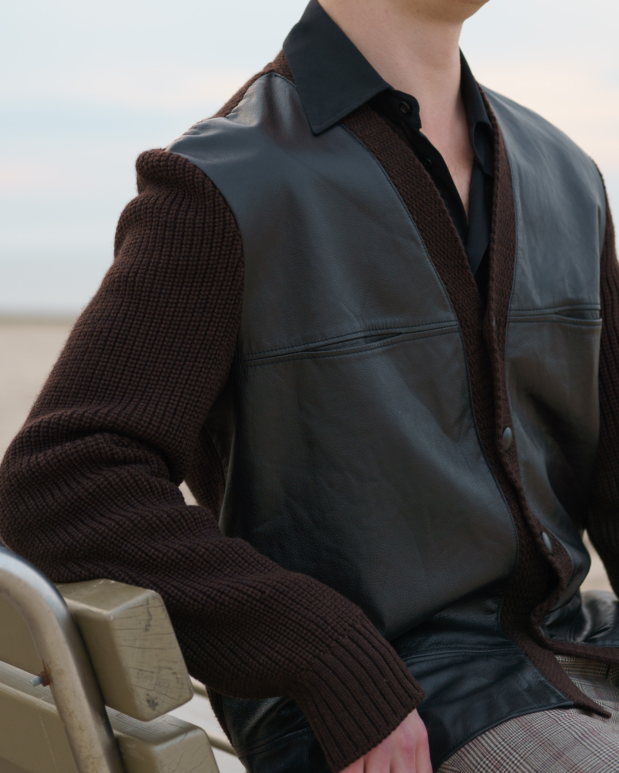 Dolce & Gabbana Leather and Wool Cardigan Jacket | Brown