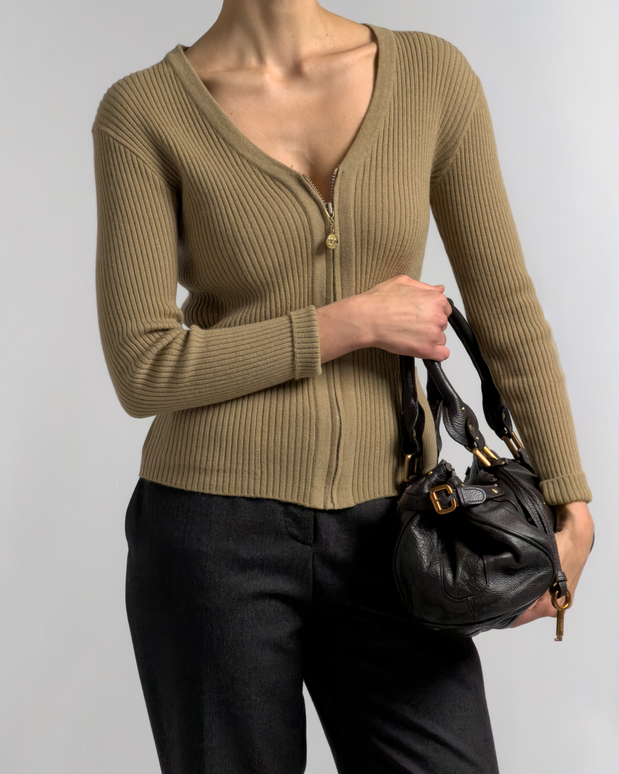 Céline Ribbed Wool Zip Cardigan | Camel